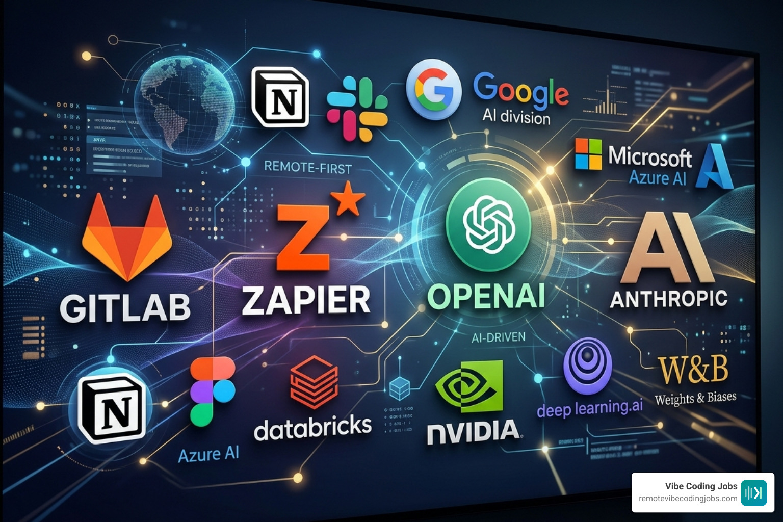 A graphic showcasing company logos known for remote-first or AI-driven development - vibe coding jobs remote