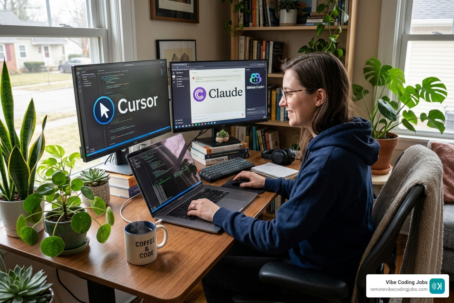 A collage of popular AI coding tools (Cursor, Claude, Copilot) with a developer working remotely - vibe coding jobs remote
