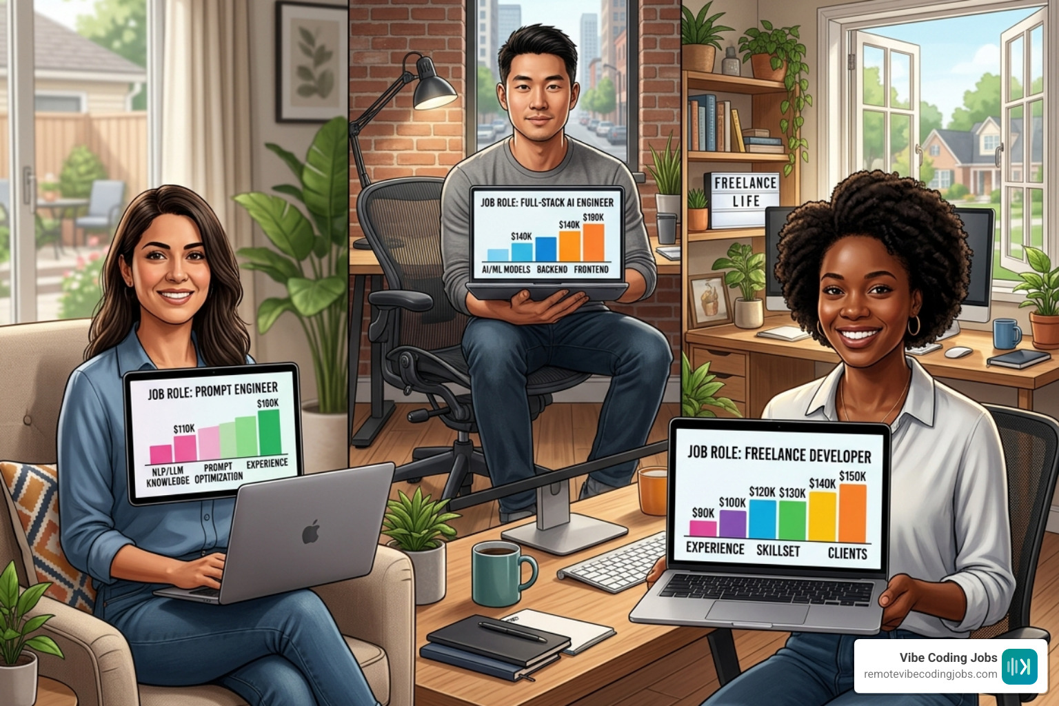 A graphic illustrating different remote vibe coding roles (e.g., Full-stack AI, Prompt Engineer, Freelance) with salary