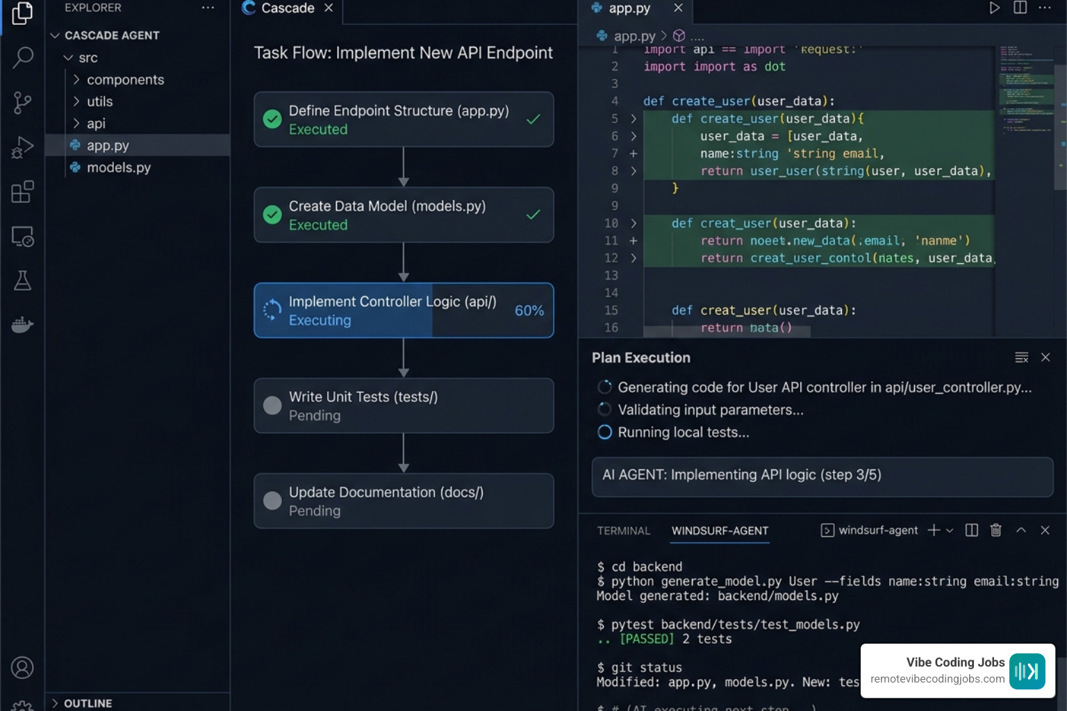 Windsurf Cascade interface showing agentic AI planning multi-step coding tasks - remote windsurf jobs