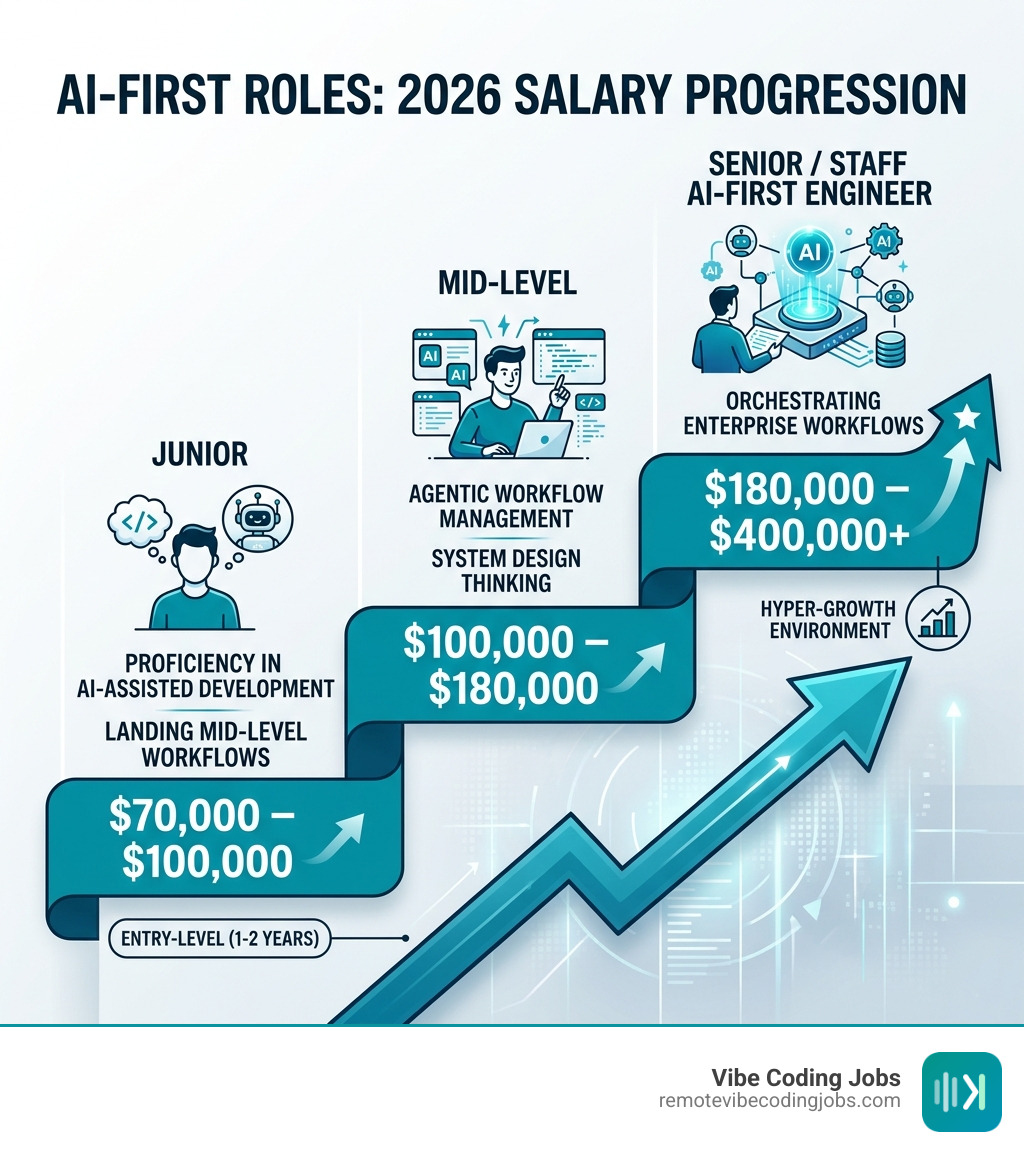 Infographic showing salary progression from junior to senior AI-first roles in 2026 - remote windsurf jobs infographic 