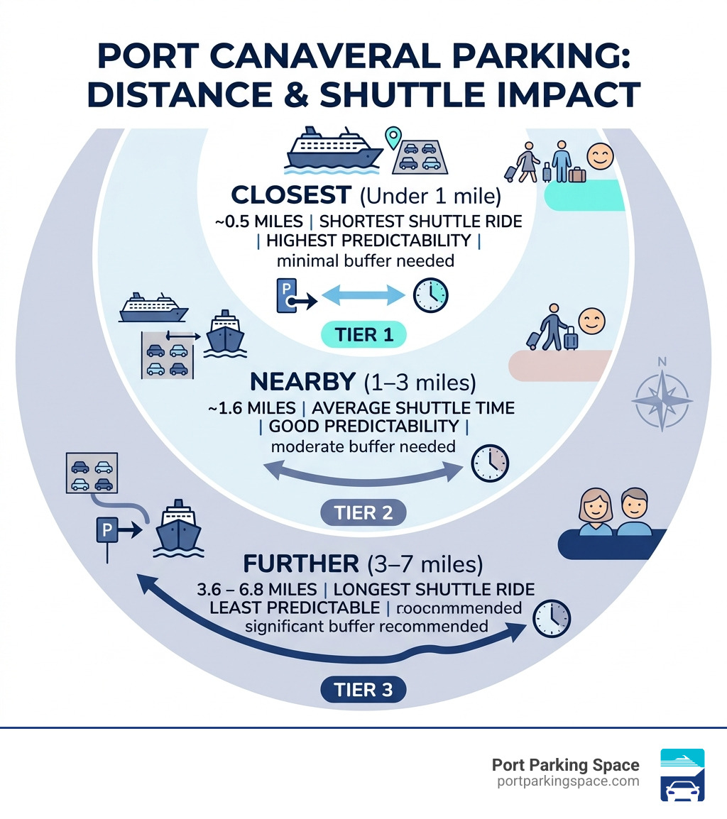 Infographic showing Port Canaveral parking distance tiers and their shuttle impact - closest port canaveral parking