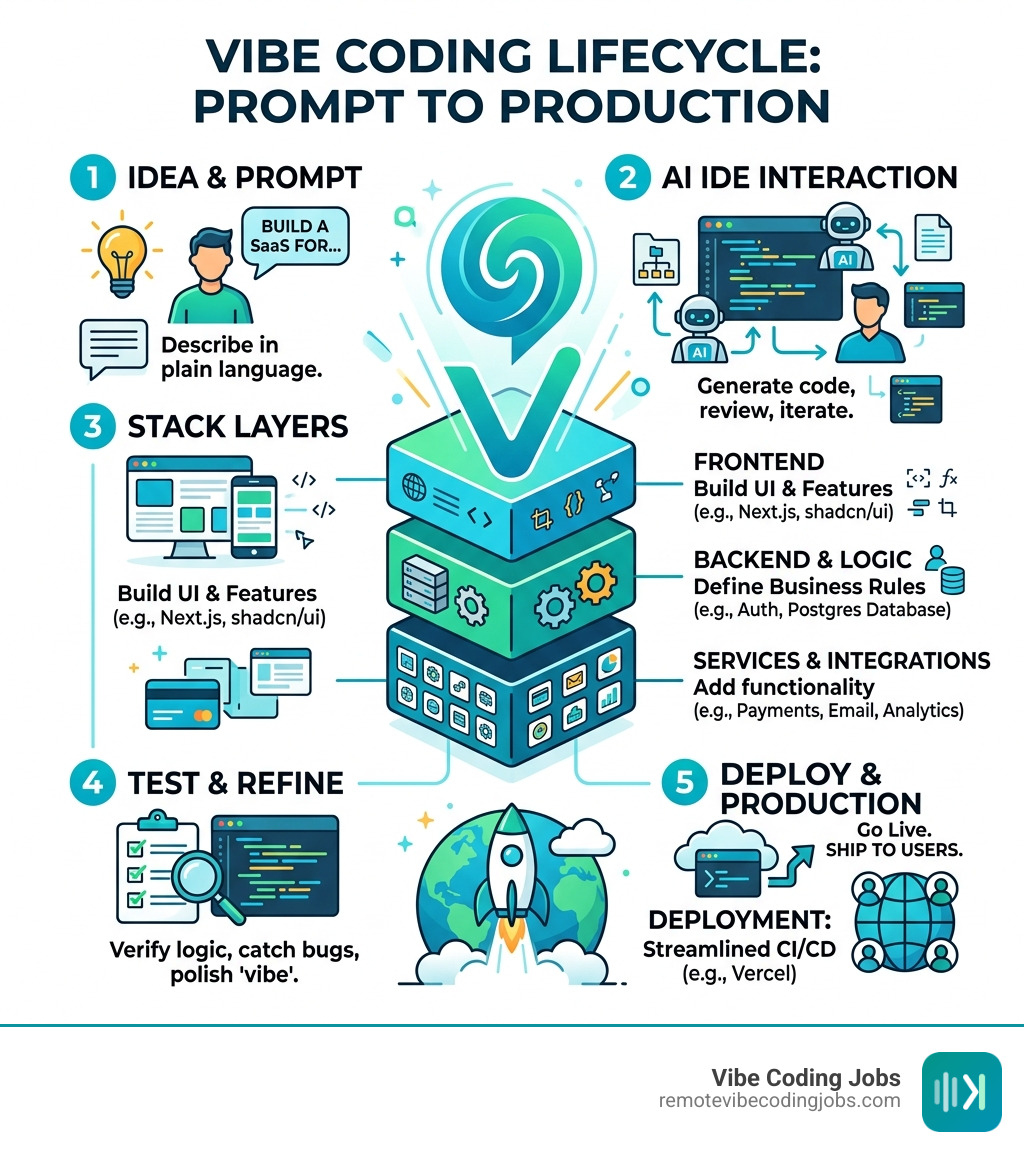 Vibe coding lifecycle infographic from prompt to production including stack layers and deployment - vibe coding tech stack