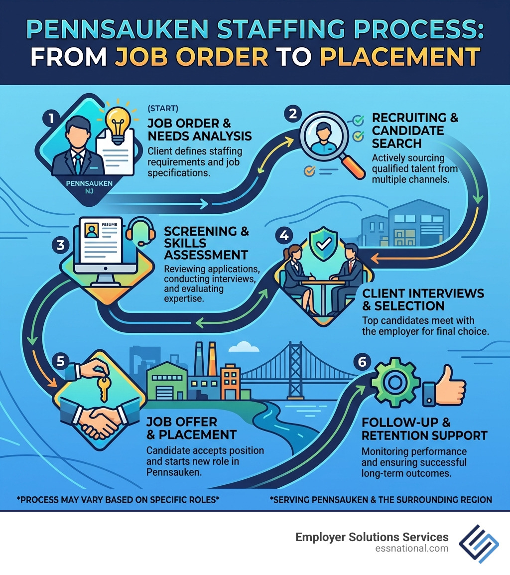 Infographic showing the staffing process from job order to placement in Pennsauken NJ - staffing agency pennsauken nj