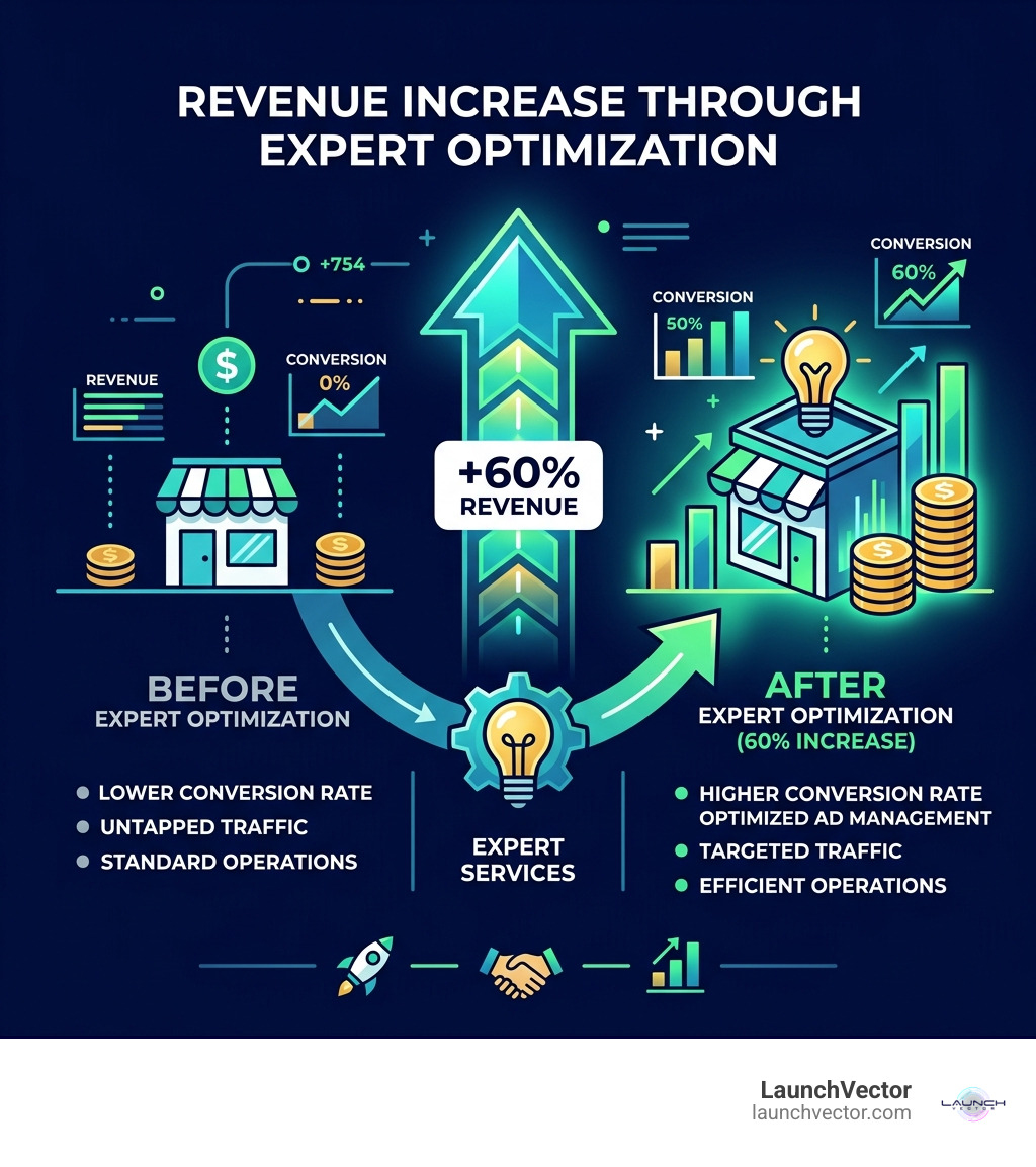 Infographic showing the 60% increase in revenue possible through expert store optimization - buy shopify store hassle free