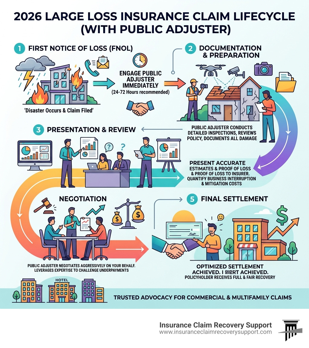 Infographic: 2026 large loss insurance claim lifecycle from first notice of loss to final settlement with public adjuster