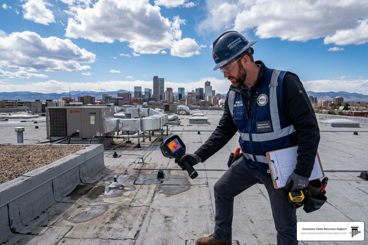 public adjuster using thermal imaging on commercial roof to detect hidden storm damage - Public Adjuster (Large Loss