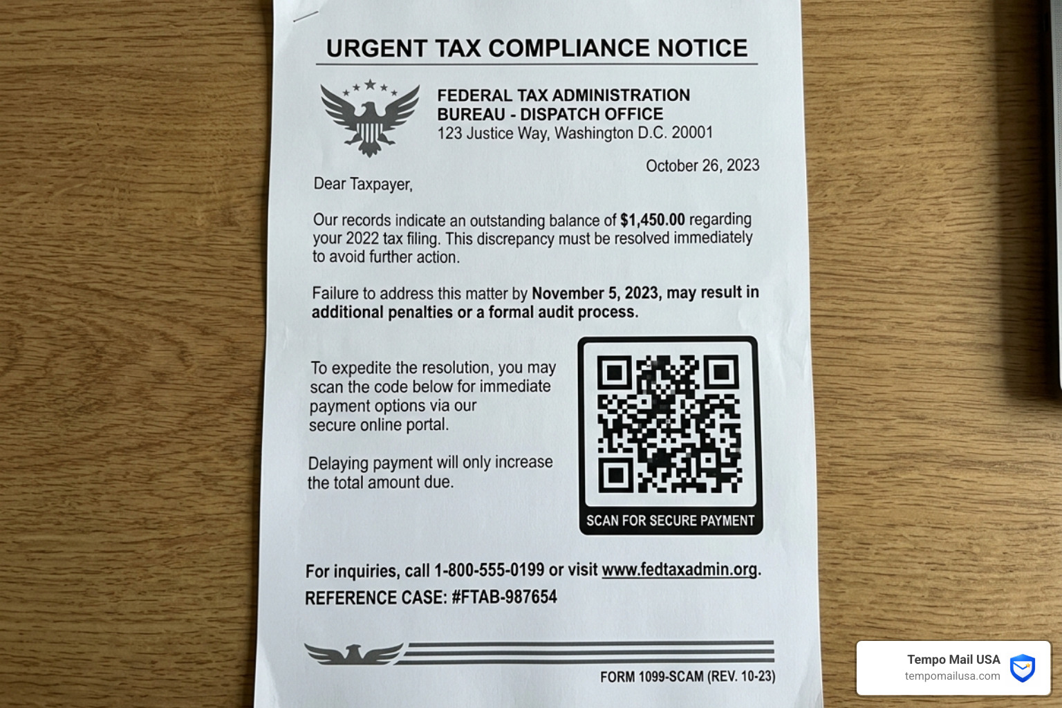 A scammer-generated QR code on a fake document - irs scam letters 2026