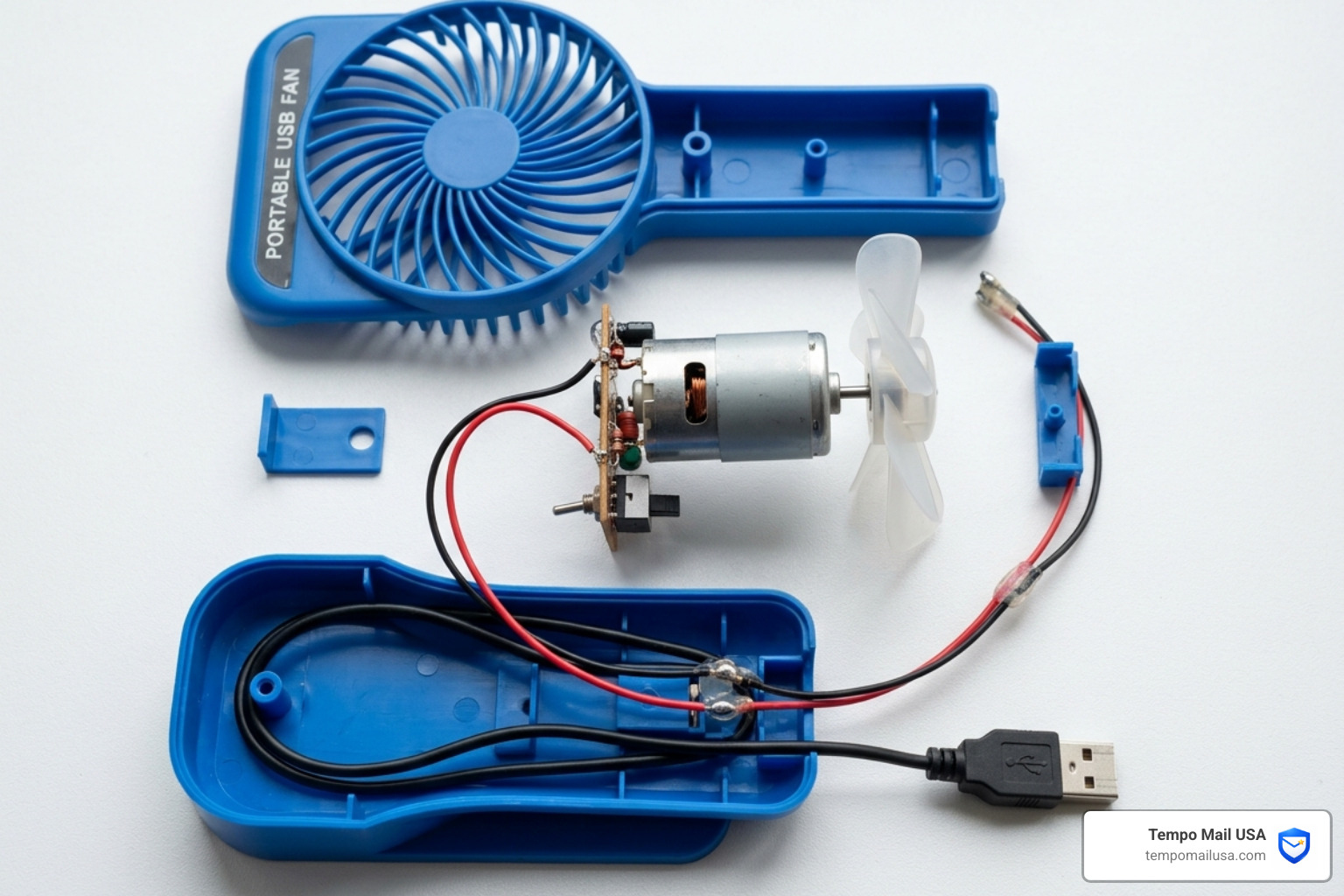 Internal components of a cheap portable fan showing small motor and plastic blades - breezamax scam Internal components of a cheap portable fan showing small motor and plastic blades - breezamax scam