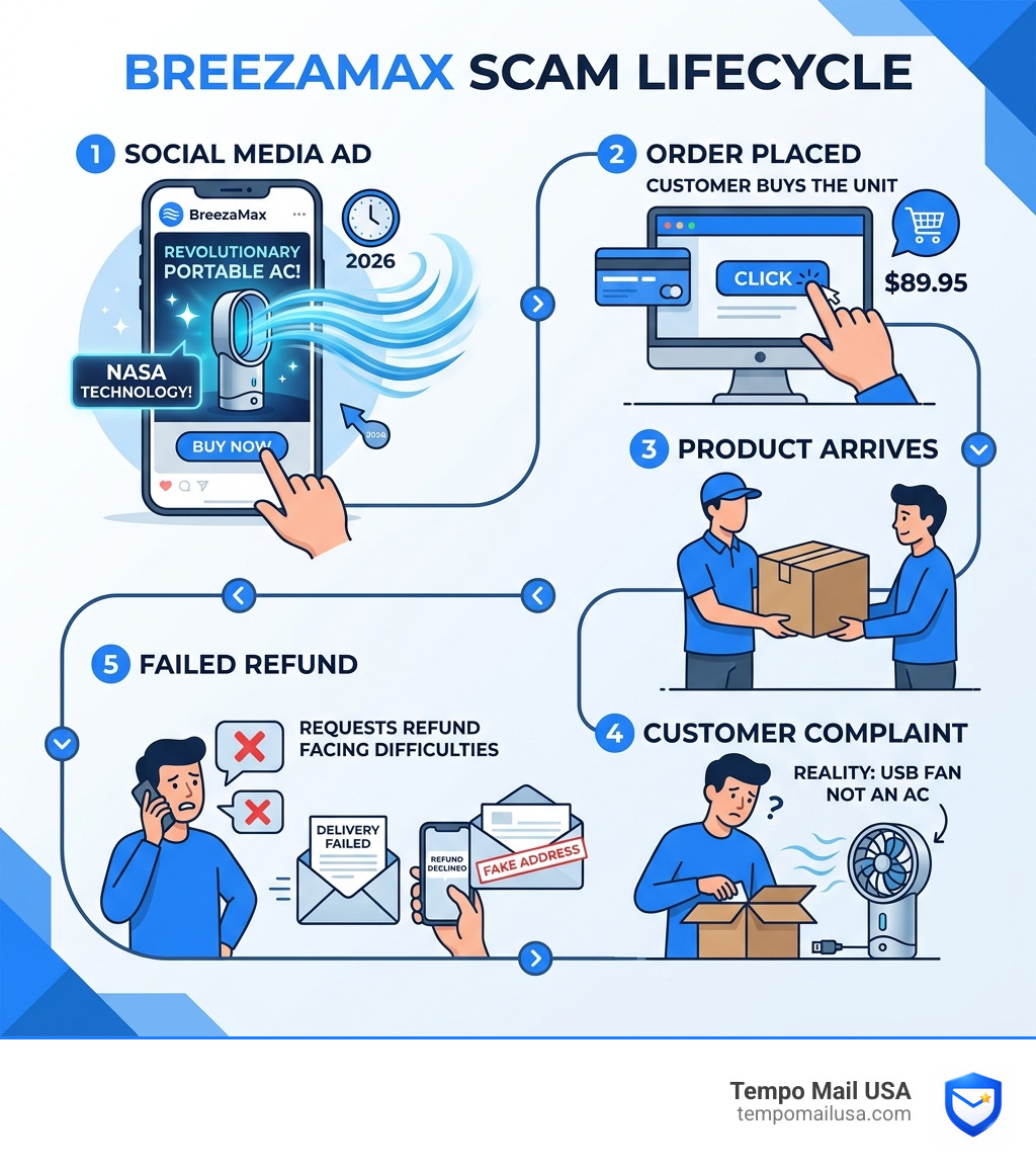 BreezaMax scam lifecycle from social media ad to customer complaint and failed refund - breezamax scam infographic BreezaMax scam lifecycle from social media ad to customer complaint and failed refund - breezamax scam infographic