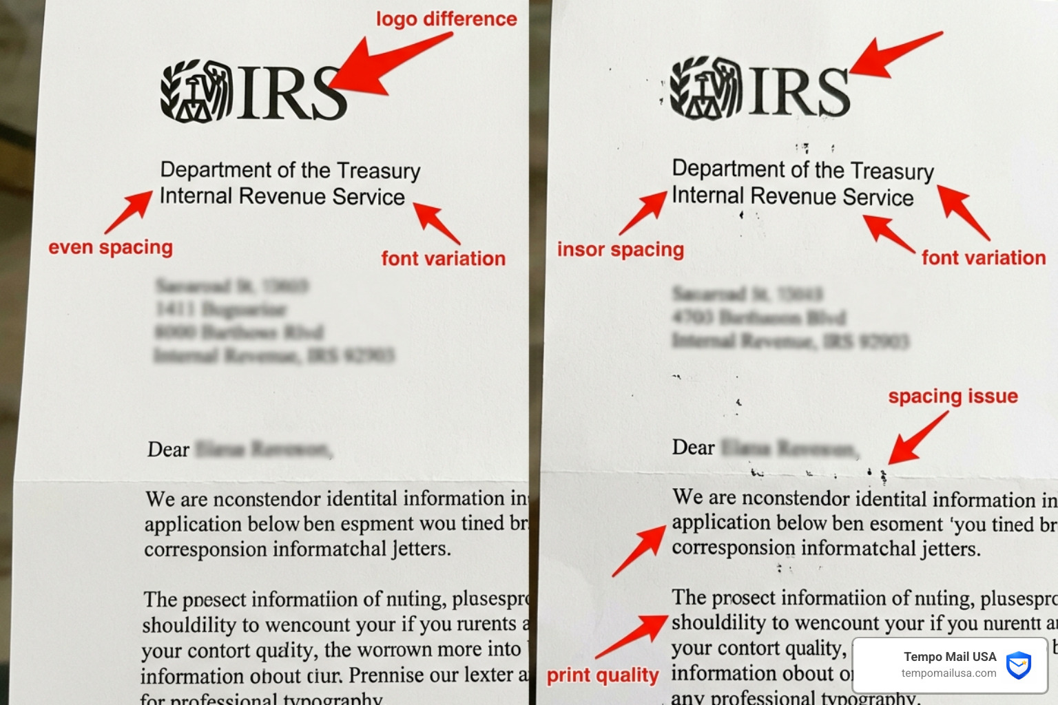 Comparison of a real IRS letterhead versus a fake one highlighting logo differences and formatting errors - irs scam letters