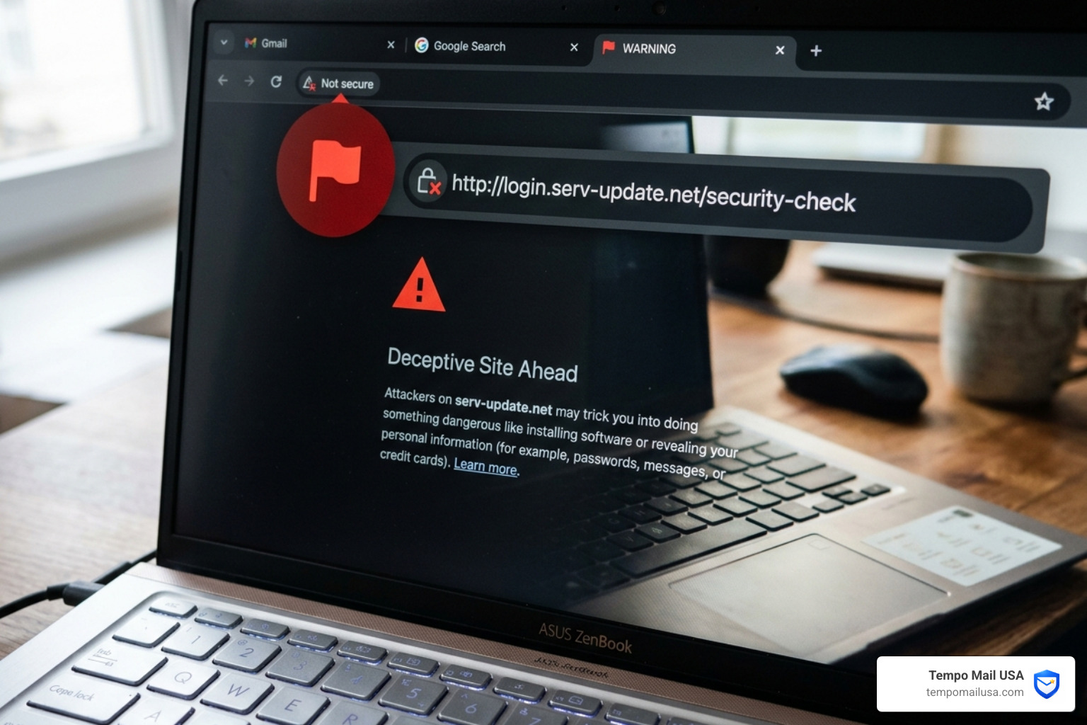 Red flag icon next to a browser address bar - scam websites