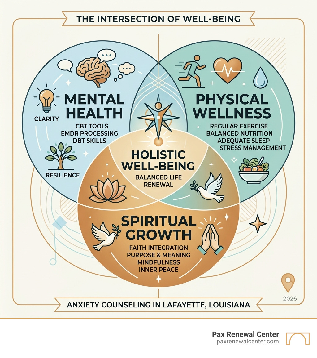 Infographic showing the intersection of mental health, physical wellness, and spiritual growth - Anxiety counseling