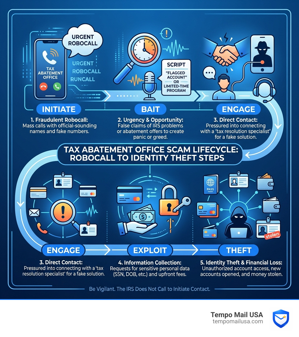 Tax abatement office scam lifecycle: robocall to identity theft steps - tax abatement office scam infographic Tax abatement office scam lifecycle: robocall to identity theft steps - tax abatement office scam infographic