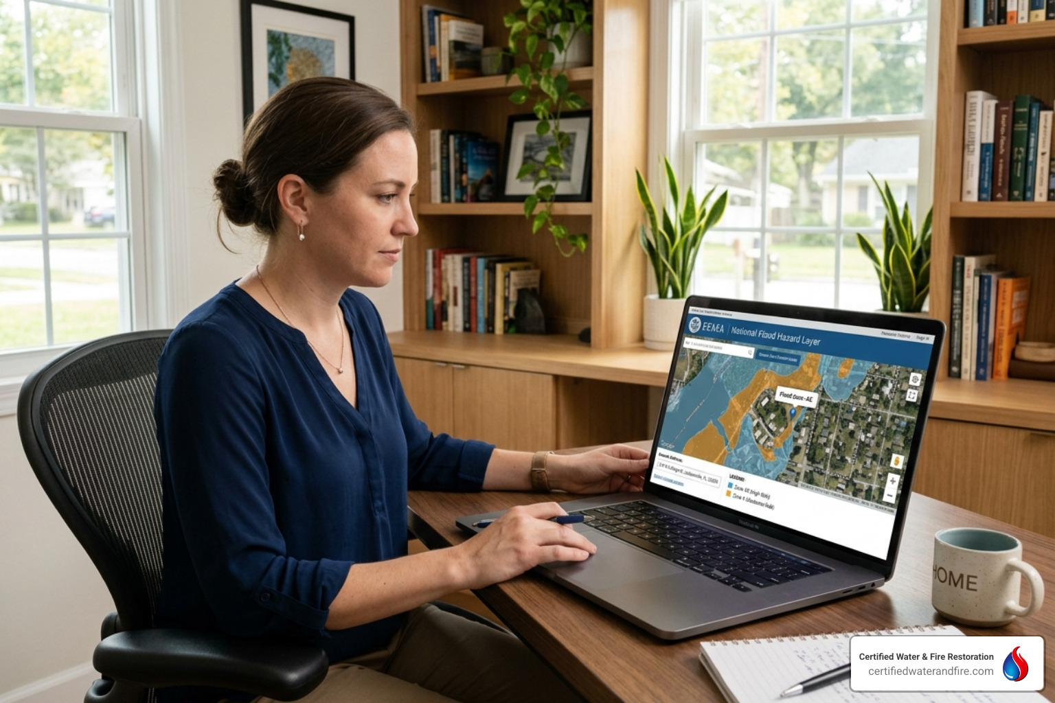 A person using a laptop to search a property address on an official flood mapping website - is my home in a flood zone A person using a laptop to search a property address on an official flood mapping website - is my home in a flood zone