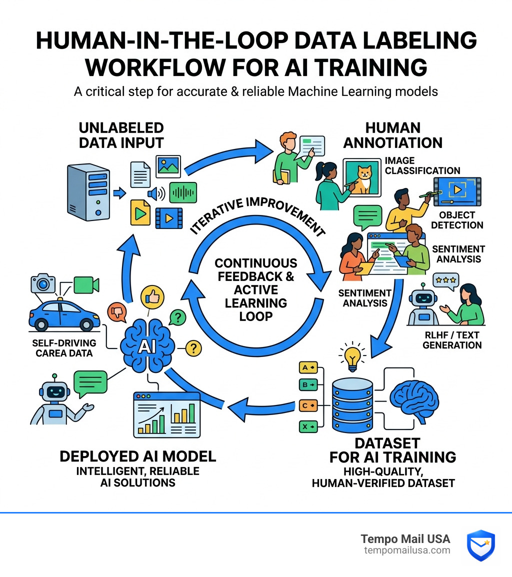 An infographic explaining the human-in-the-loop data labeling workflow for AI training - is data annotation a scam An infographic explaining the human-in-the-loop data labeling workflow for AI training - is data annotation a scam