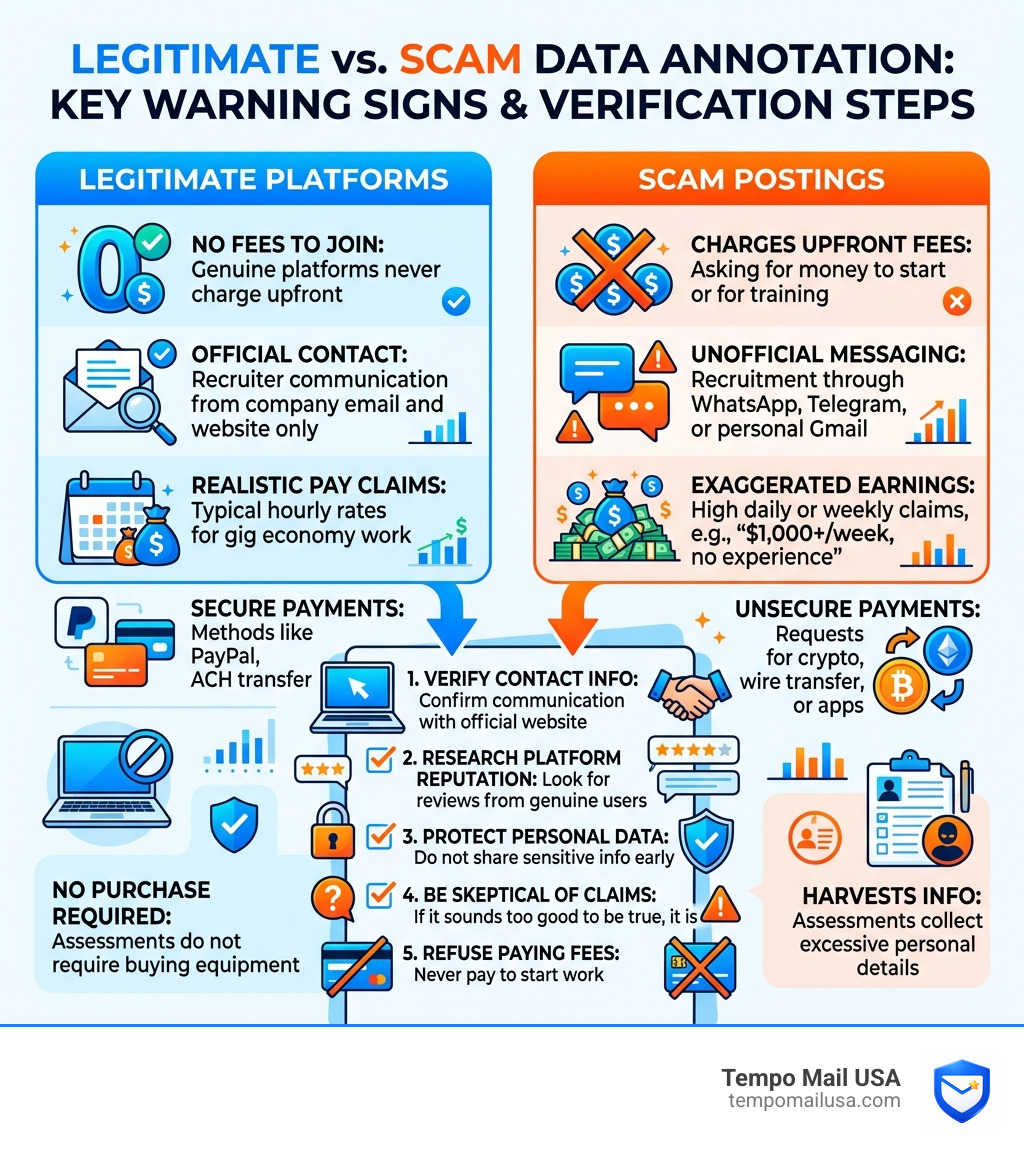 Legitimate vs. scam data annotation: key warning signs and verification steps infographic - is data annotation a scam Legitimate vs. scam data annotation: key warning signs and verification steps infographic - is data annotation a scam