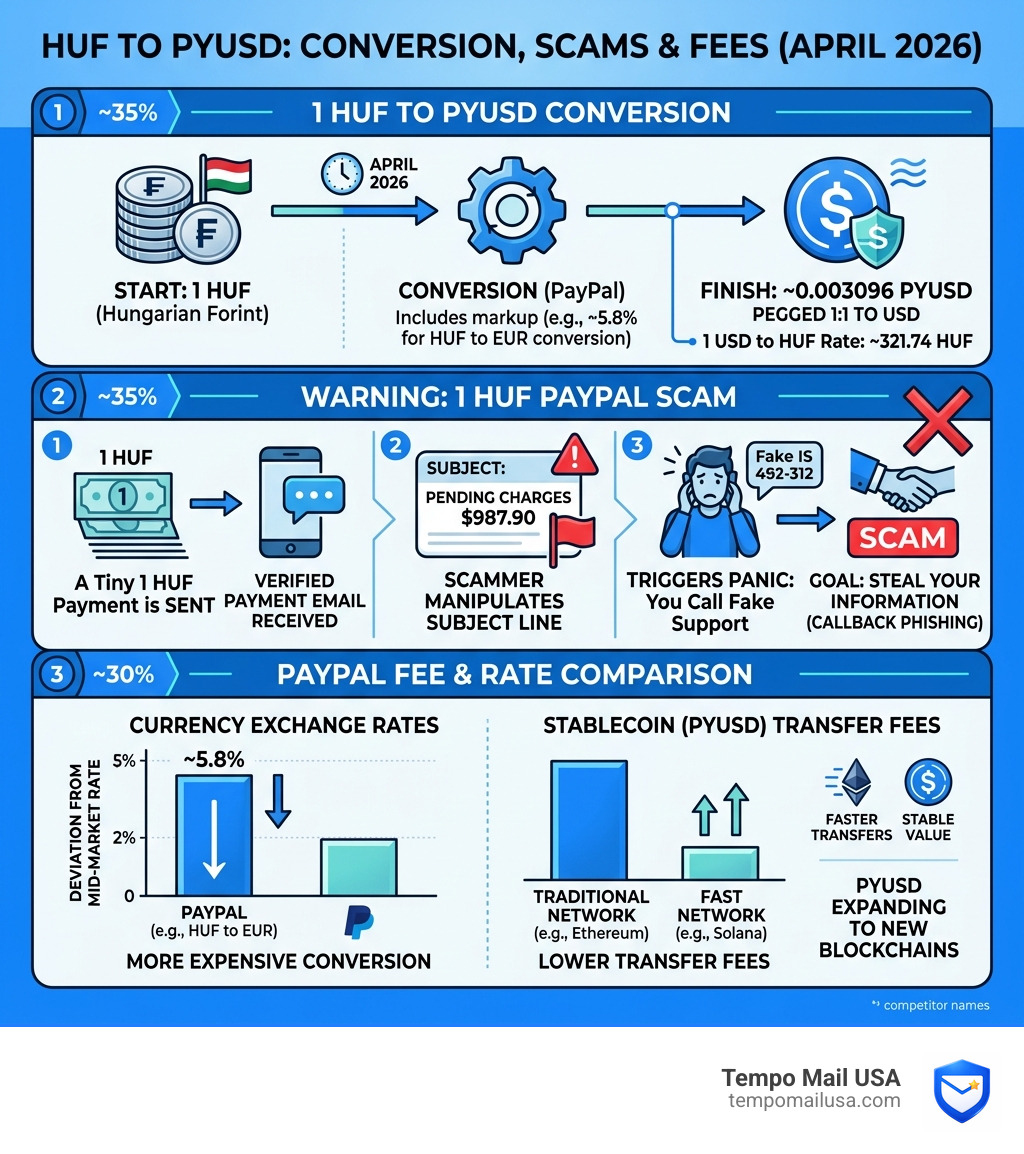 Infographic showing 1 HUF to PYUSD conversion flow, scam warning, and fee comparison - ft 1 huf paypal infographic 