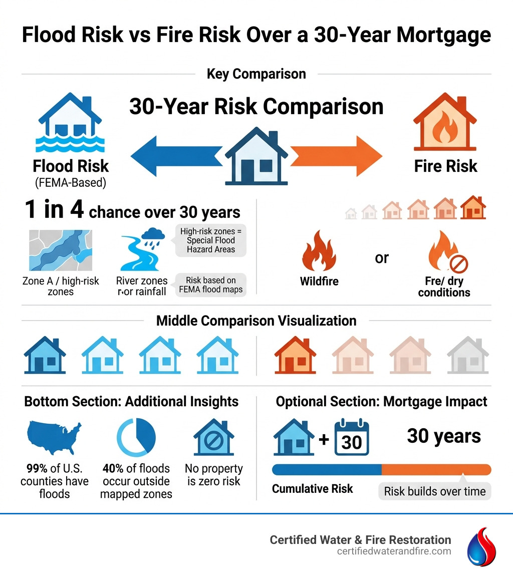 Infographic comparing flood risk versus fire risk over a 30-year mortgage, with flood zone statistics - is my home in a Infographic comparing flood risk versus fire risk over a 30-year mortgage, with flood zone statistics - is my home in a