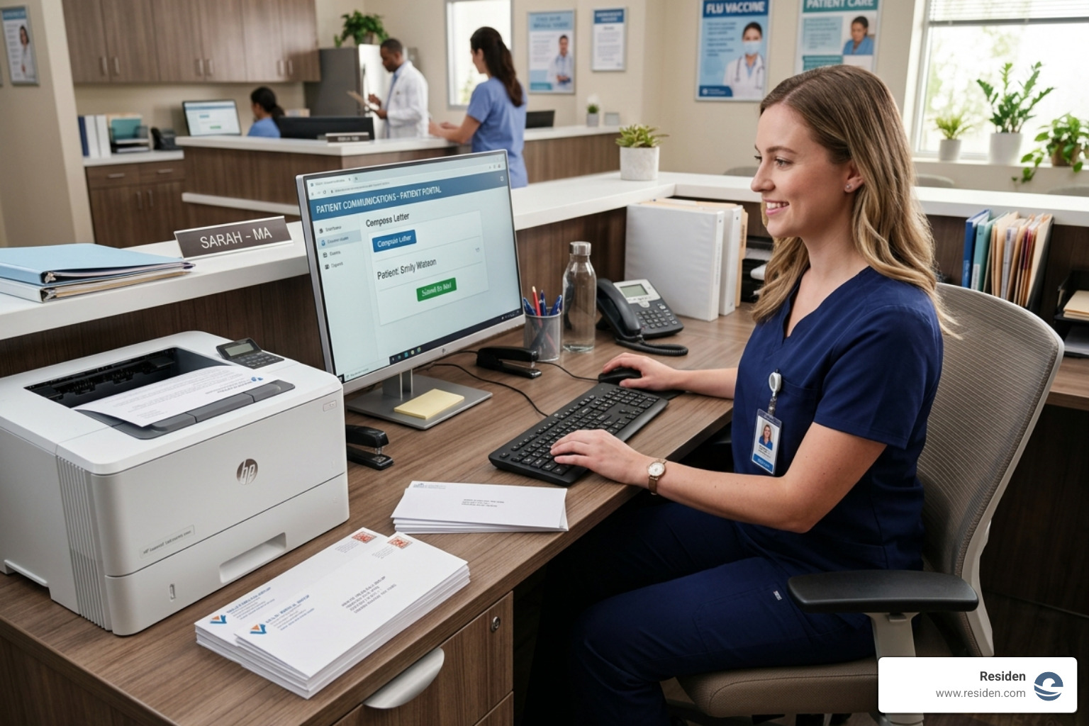 A medical assistant using an online portal to send physical letters to patients - mail service for doctors