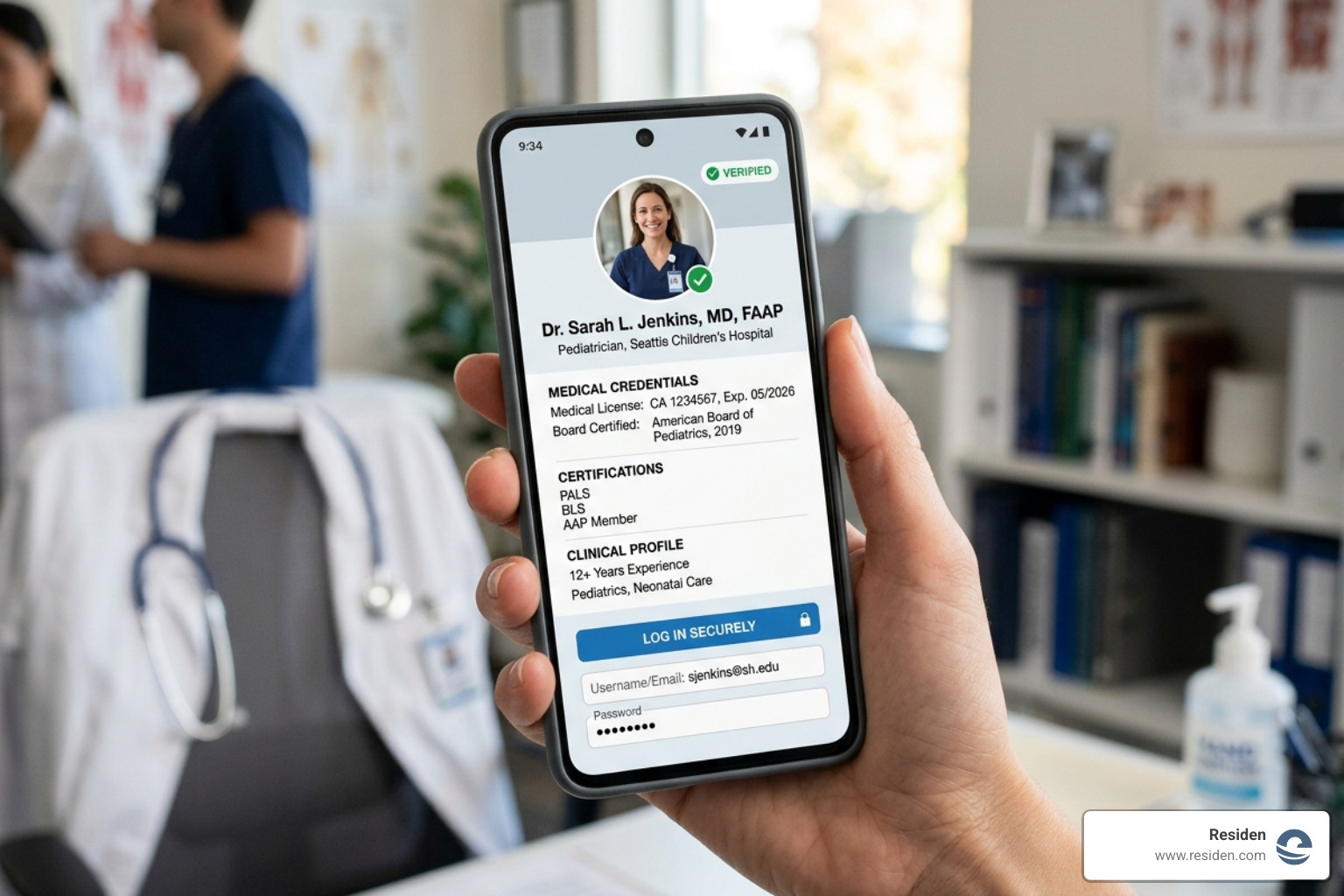 A doctor’s professional digital profile on a smartphone showing verified credentials - mail service for doctors