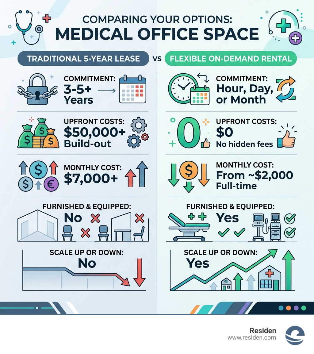 Infographic comparing traditional 5-year medical leases vs. flexible on-demand room rental costs and commitments - flexible