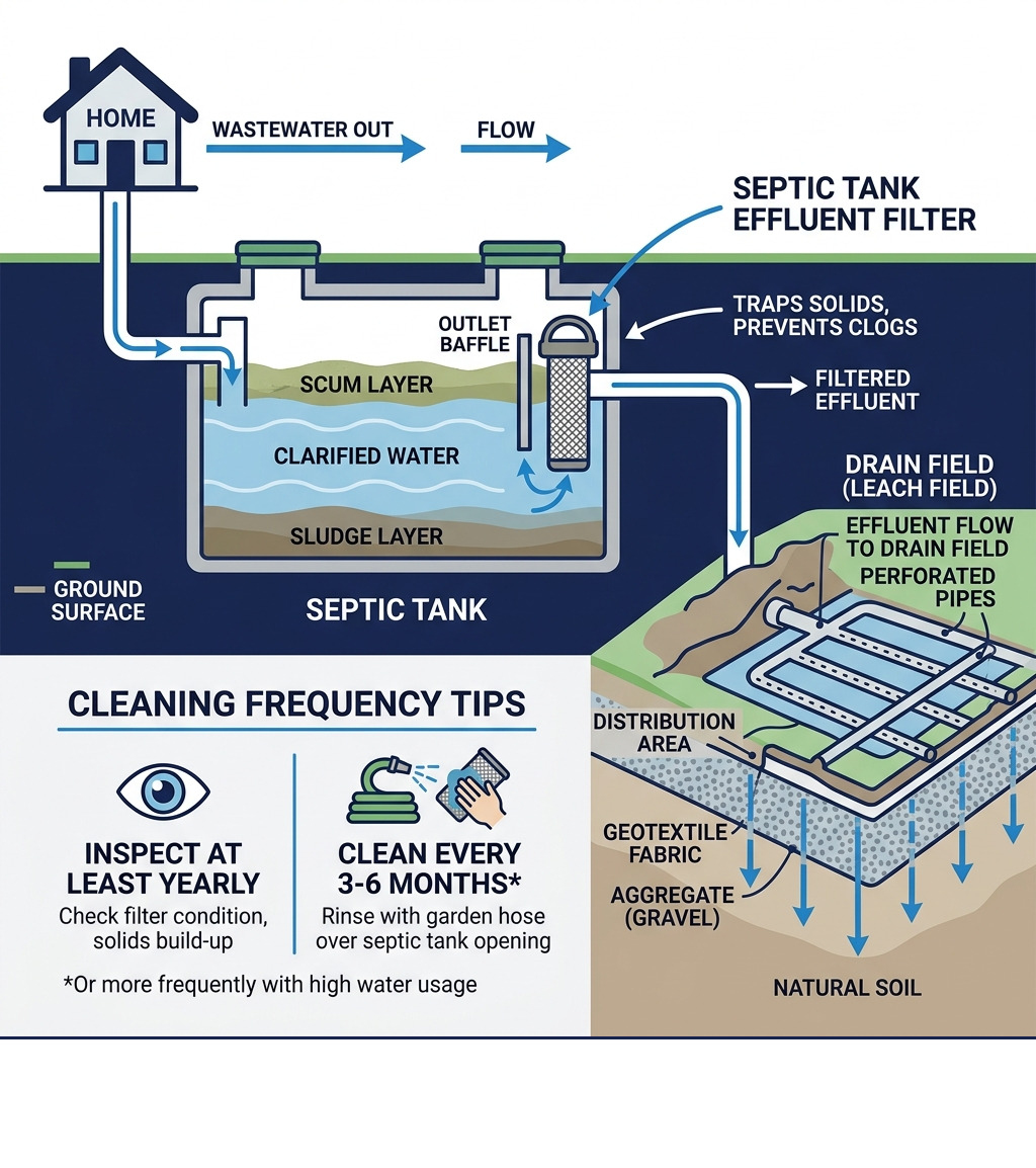 Infographic showing wastewater flow from home through septic tank effluent filter to drain field with cleaning frequency