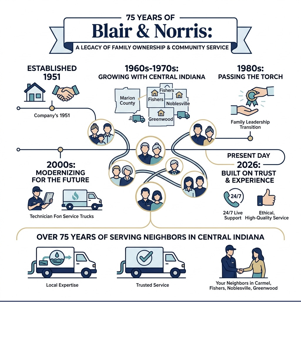 Infographic showing the 75-year history and family ownership of Blair & Norris - cleaning a septic filter in Indianapolis