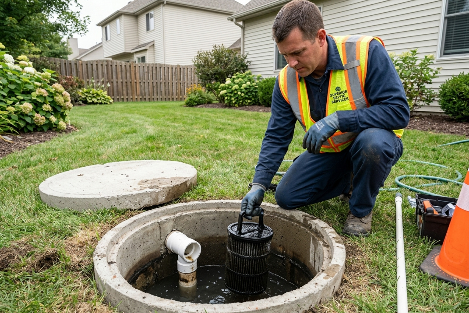 Professional technician inspecting a septic tank outlet baffle and effluent filter - cleaning a septic filter in Indianapolis