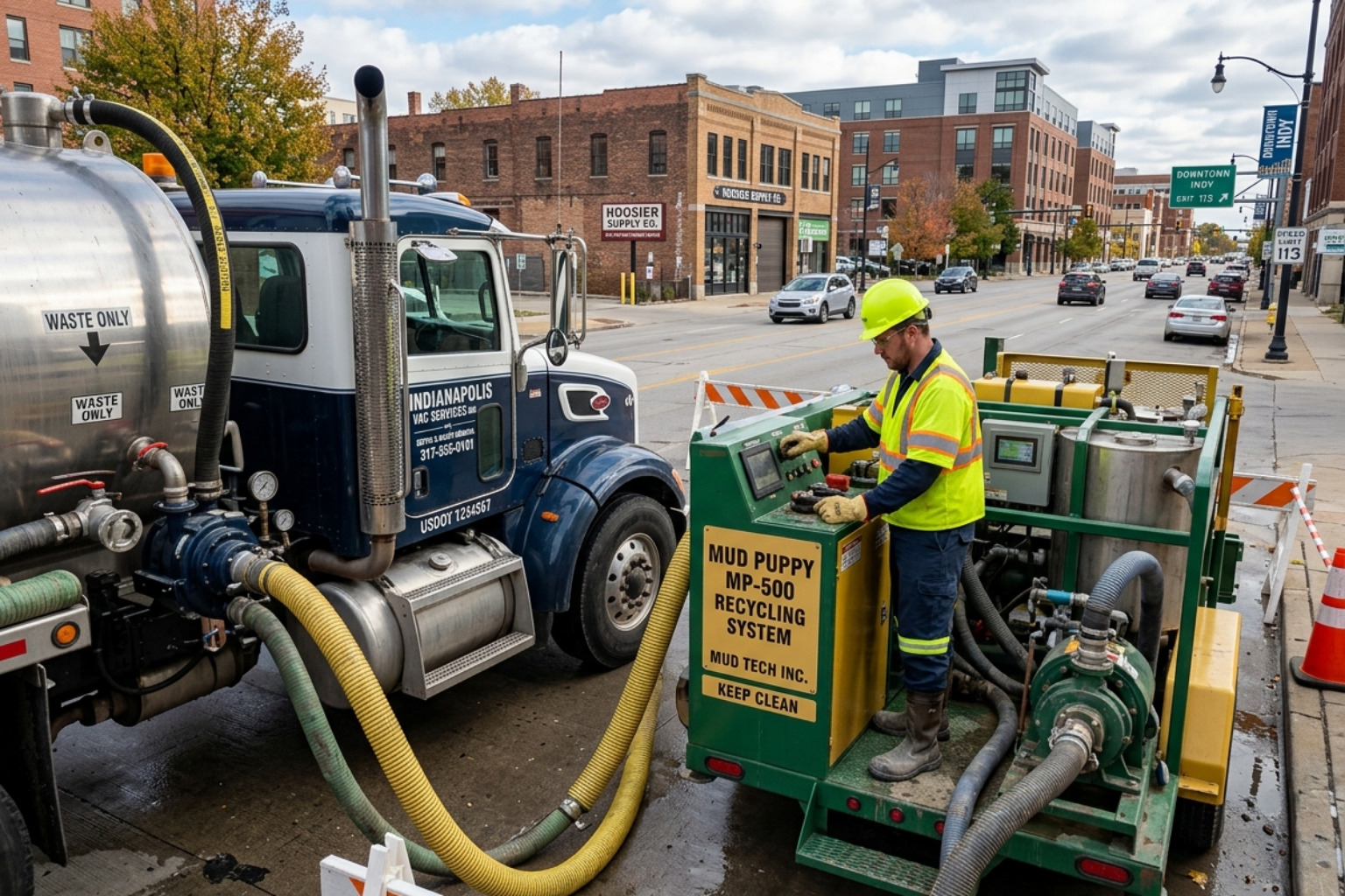 Specialized septic vacuum equipment and Mud Puppy recycling system at an Indianapolis job site - cleaning a septic filter in