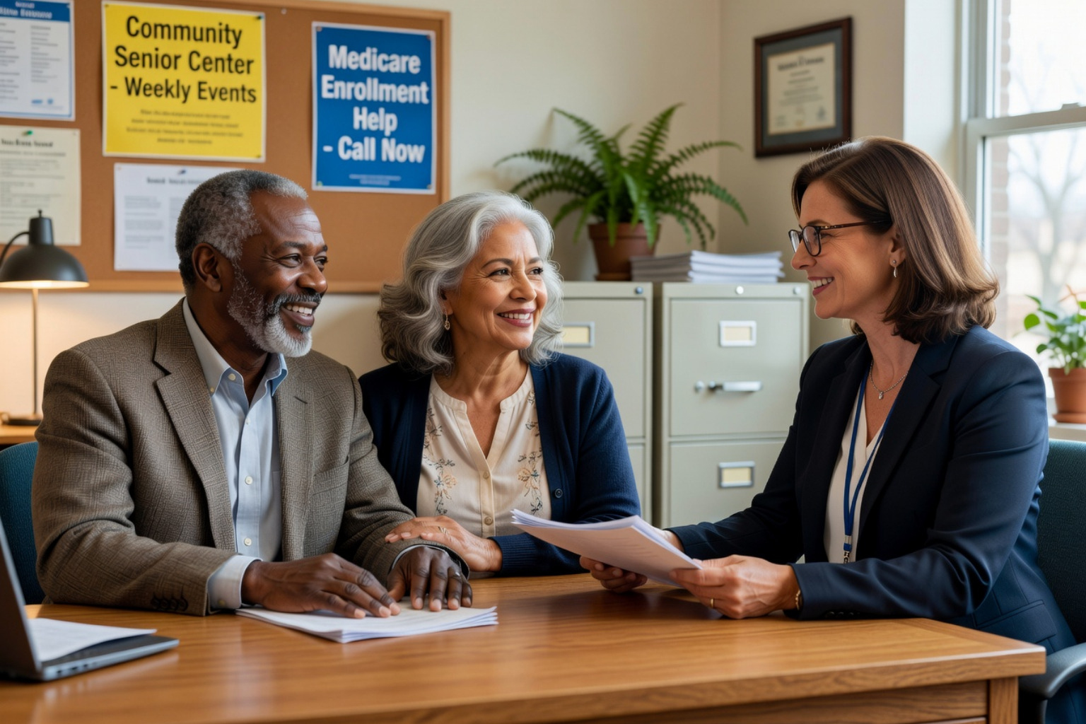 Diverse senior reviewing financial documents with a supportive counselor - Senior housing low income