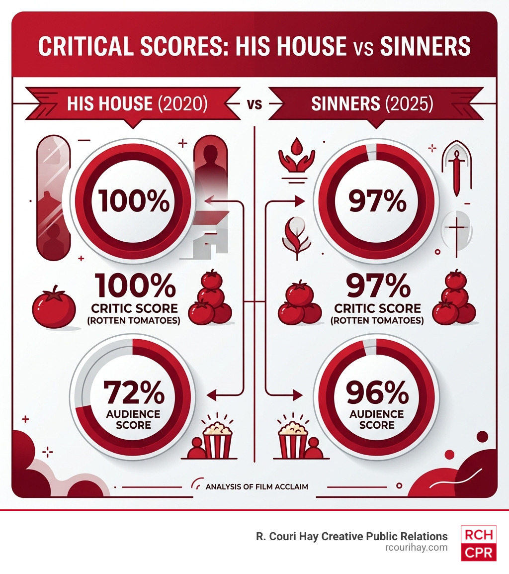 Comparison of critical scores for His House and Sinners - wunmi mosaku infographic Comparison of critical scores for His House and Sinners - wunmi mosaku infographic