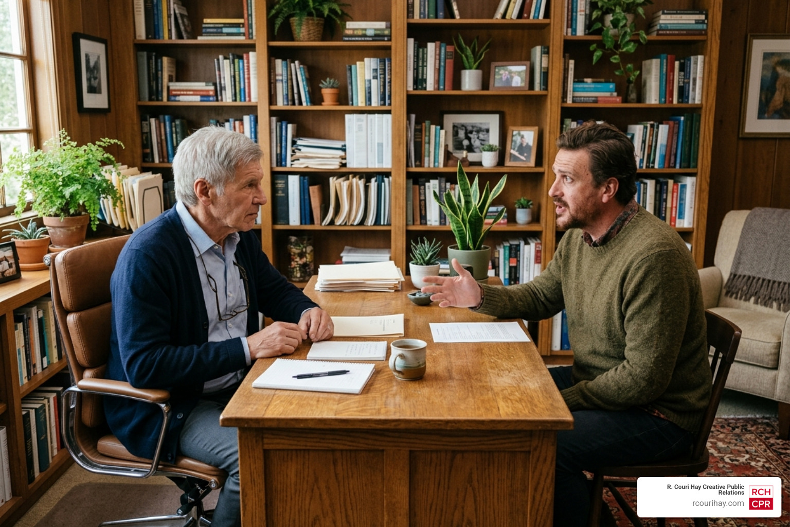 Jason Segel as Jimmy and Harrison Ford as Paul in a therapy office setting - shrinking cast