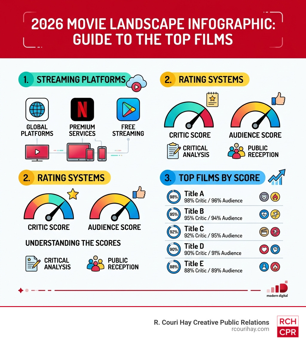 2026 movie landscape infographic showing streaming platforms, rating systems, and top films by score - movies to watch 2026 movie landscape infographic showing streaming platforms, rating systems, and top films by score - movies to watch