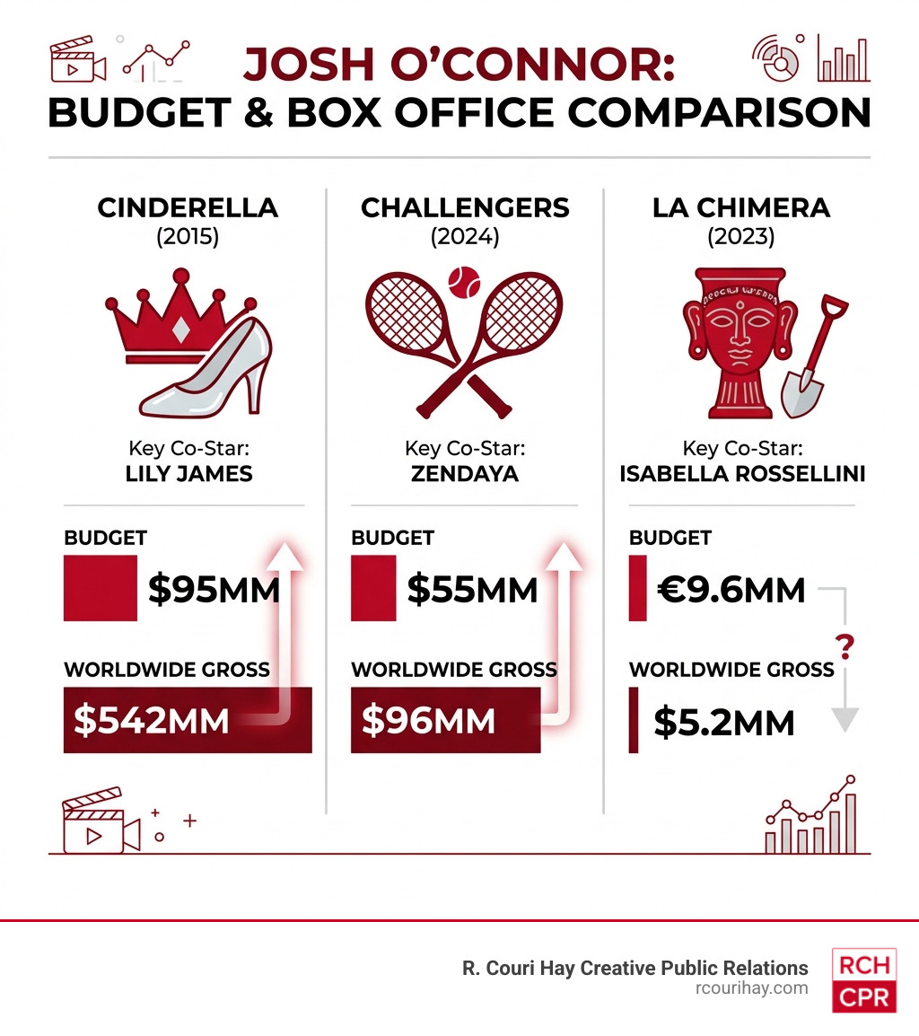 Table comparing budget and box office for major Josh O'Connor films - josh o connor movies infographic Table comparing budget and box office for major Josh O'Connor films - josh o connor movies infographic