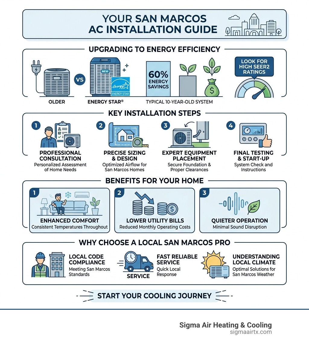 Infographic showing 60% energy savings of ENERGY STAR AC systems vs 10-year-old units, with SEER2 ratings and San Marcos