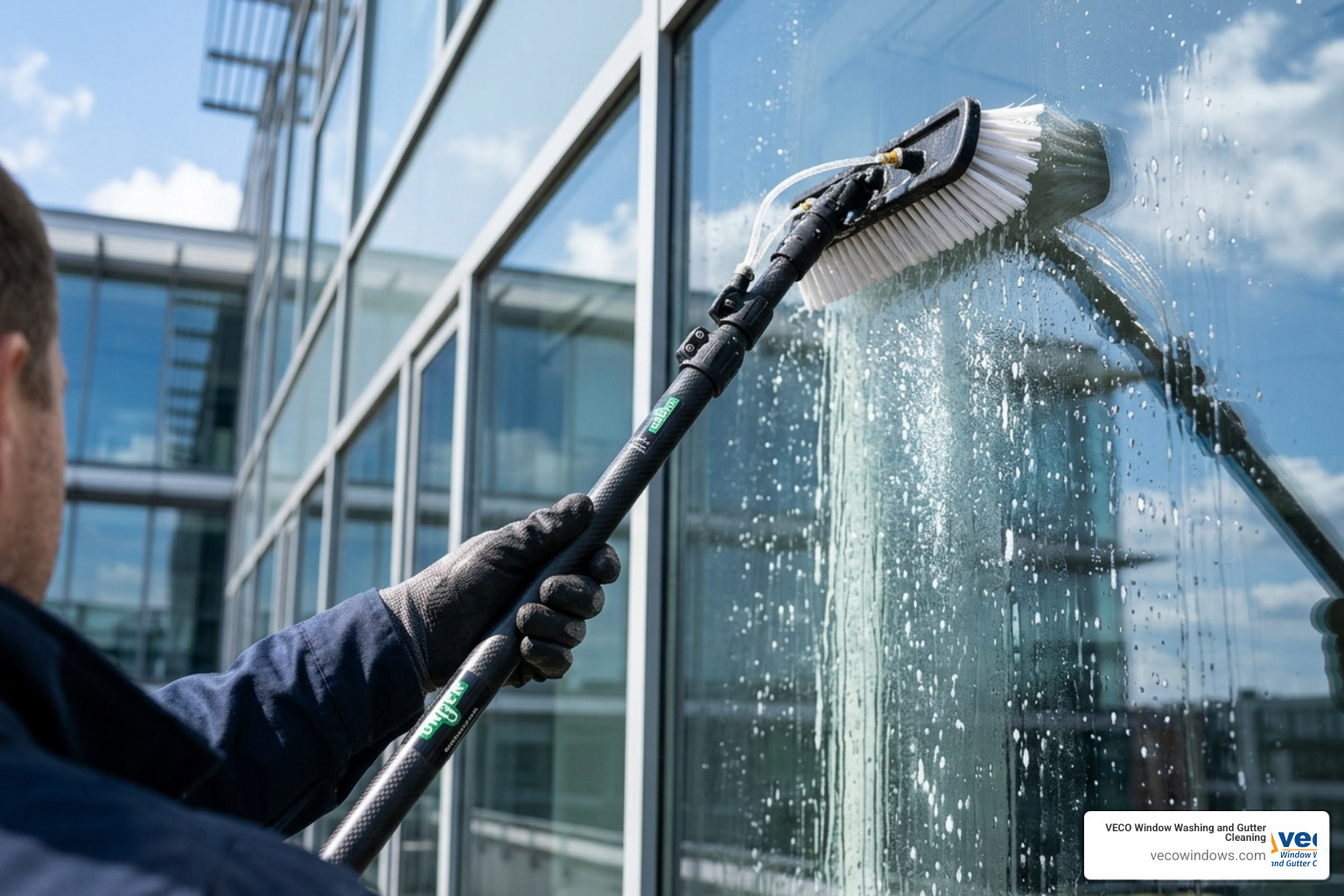 Close-up of a technician using a water-fed pole on a sunny day - best window cleaning service near me Close-up of a technician using a water-fed pole on a sunny day - best window cleaning service near me
