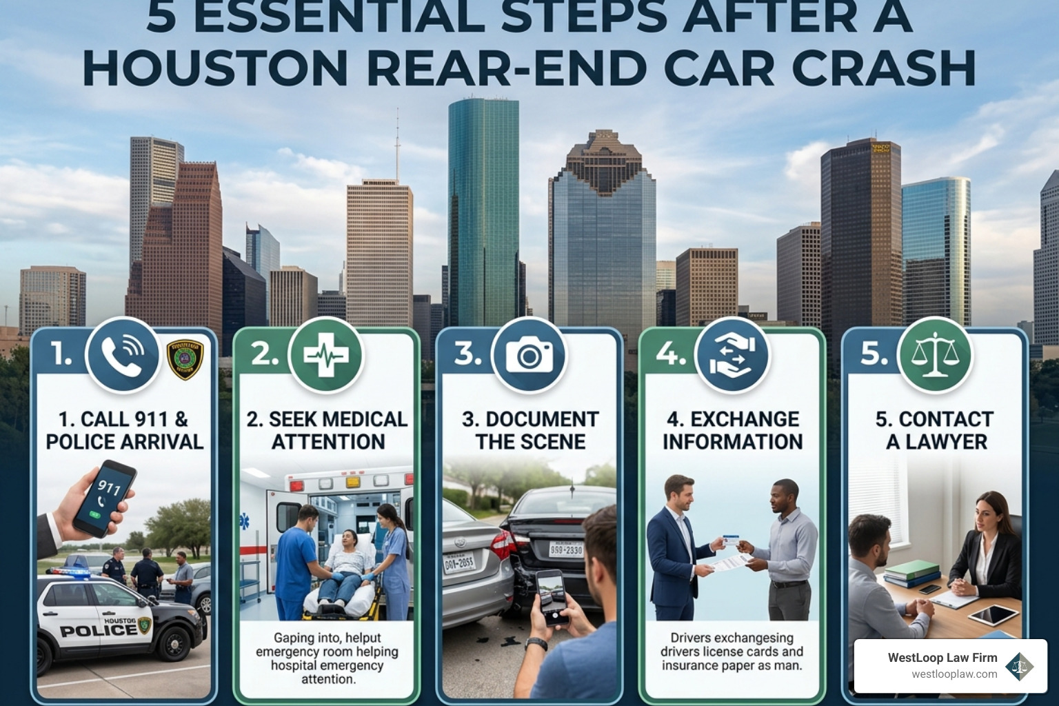 5 essential steps to take after a Houston rear-end car crash infographic - Rear end collision lawyer Houston 5 essential steps to take after a Houston rear-end car crash infographic - Rear end collision lawyer Houston