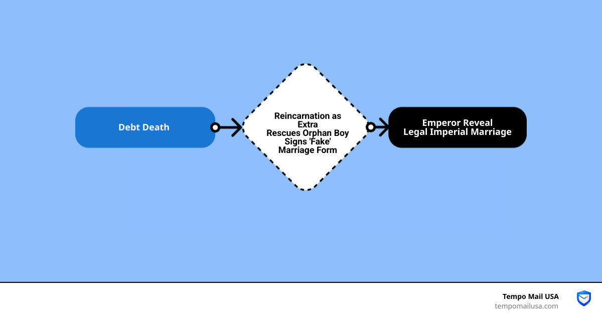 Marriage scam plot loop infographic: debt death, novel possession, orphan rescue, fake form, emperor reveal, imperial