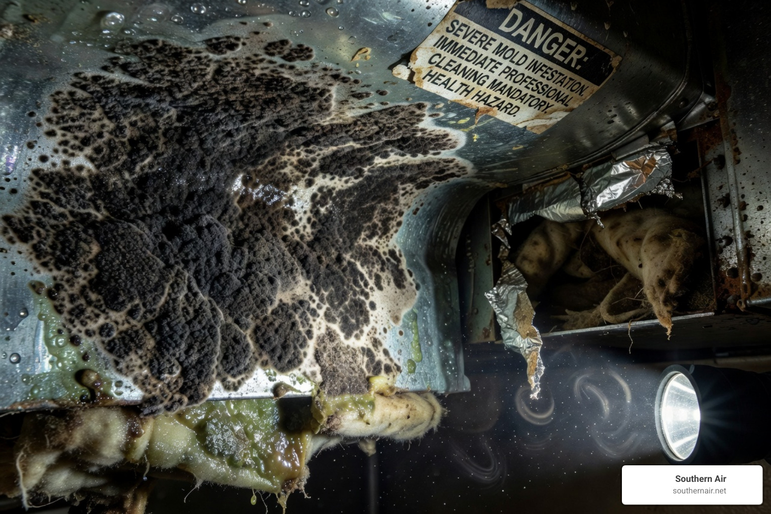 Mold growth inside a dark HVAC duct showing biological buildup - AC system cleaning service Mold growth inside a dark HVAC duct showing biological buildup - AC system cleaning service