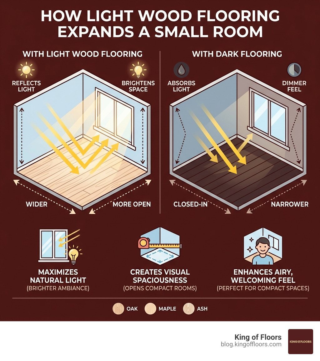 Infographic showing how light wood flooring reflects light and visually expands small rooms - light wood flooring