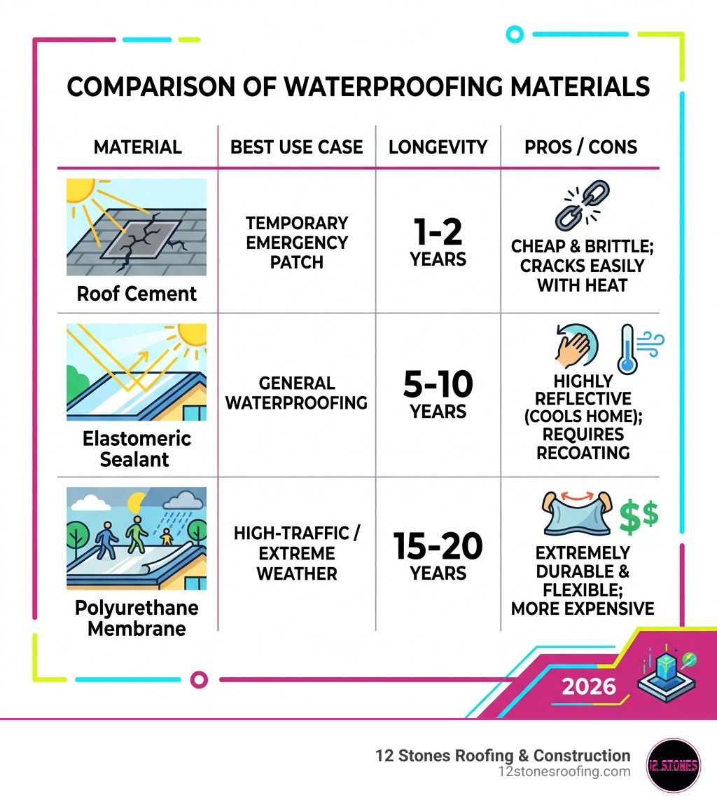 Table comparing different waterproofing materials - concrete roof leakage infographic 