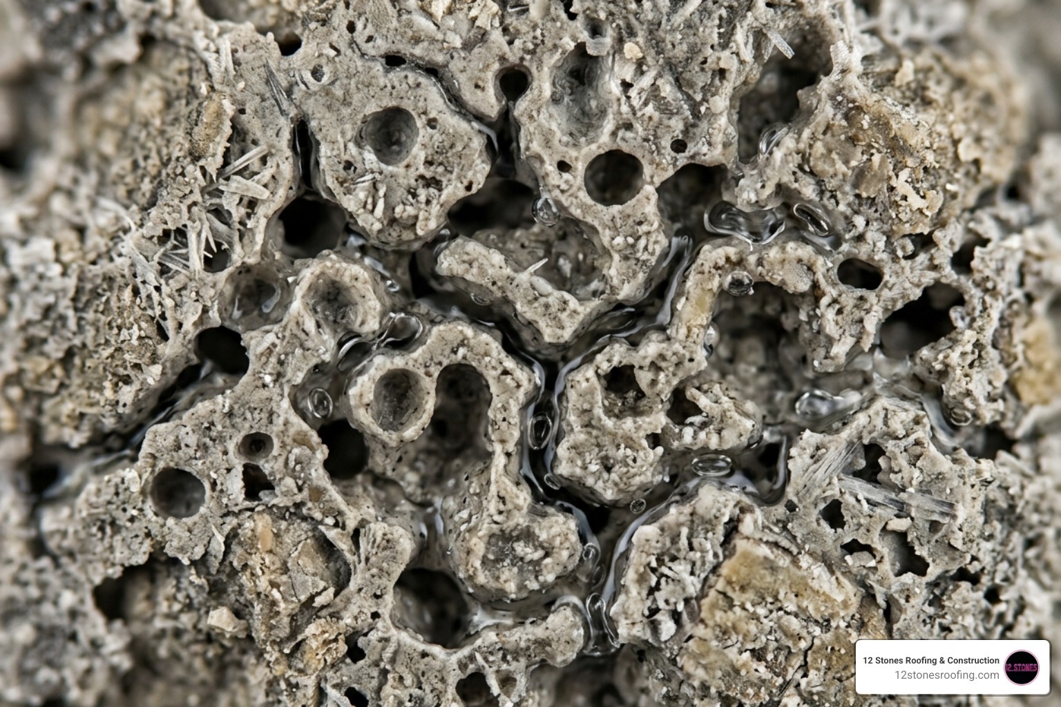 Microscopic view of concrete pores showing the network of capillaries where water can travel - concrete roof leakage