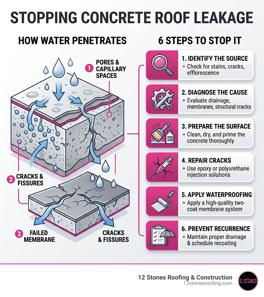 Infographic showing how water penetrates concrete slabs through pores, cracks, and failed membranes — and the 6 steps to