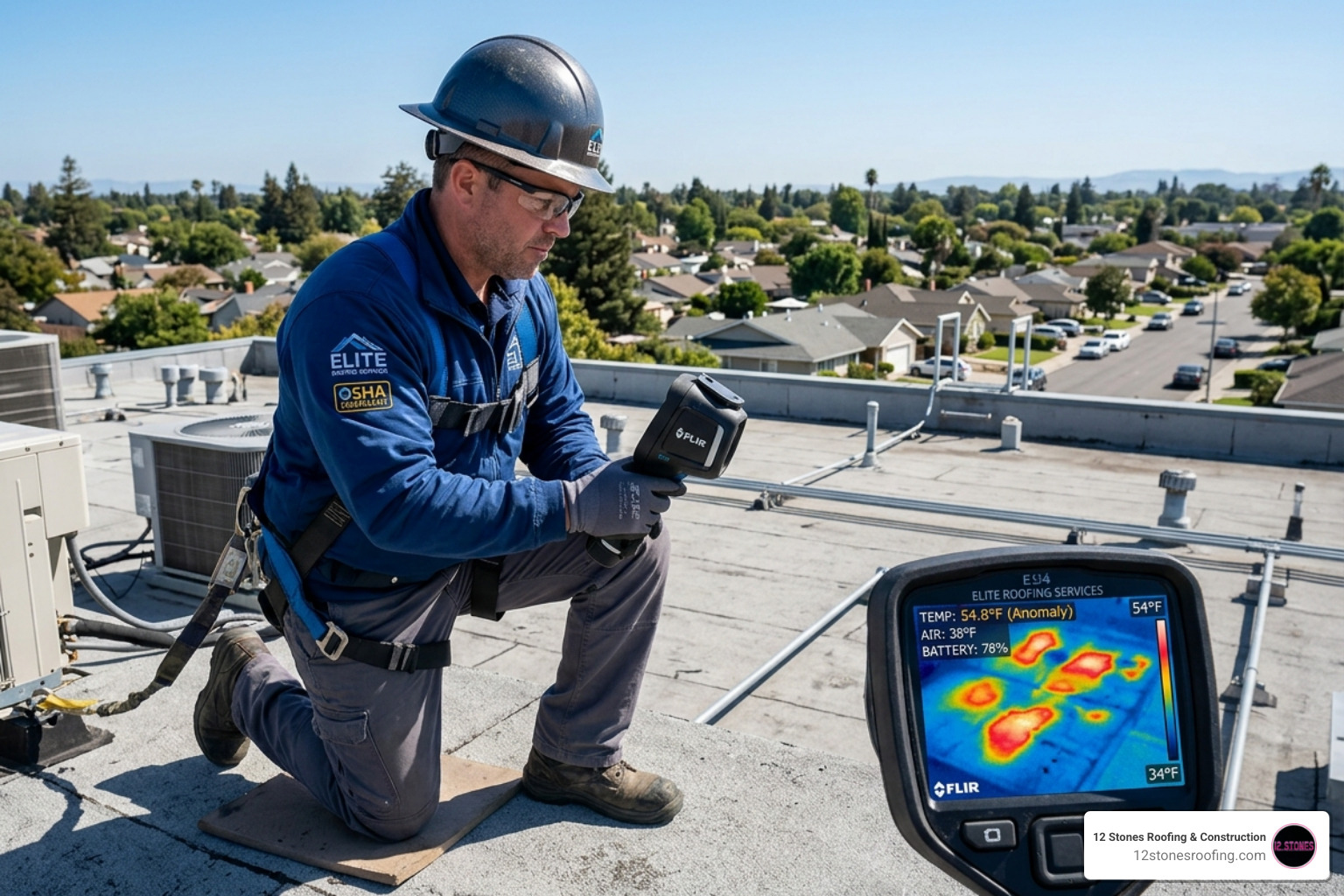Technician using a thermal imaging camera to detect moisture pockets hidden inside a concrete roof slab - concrete roof