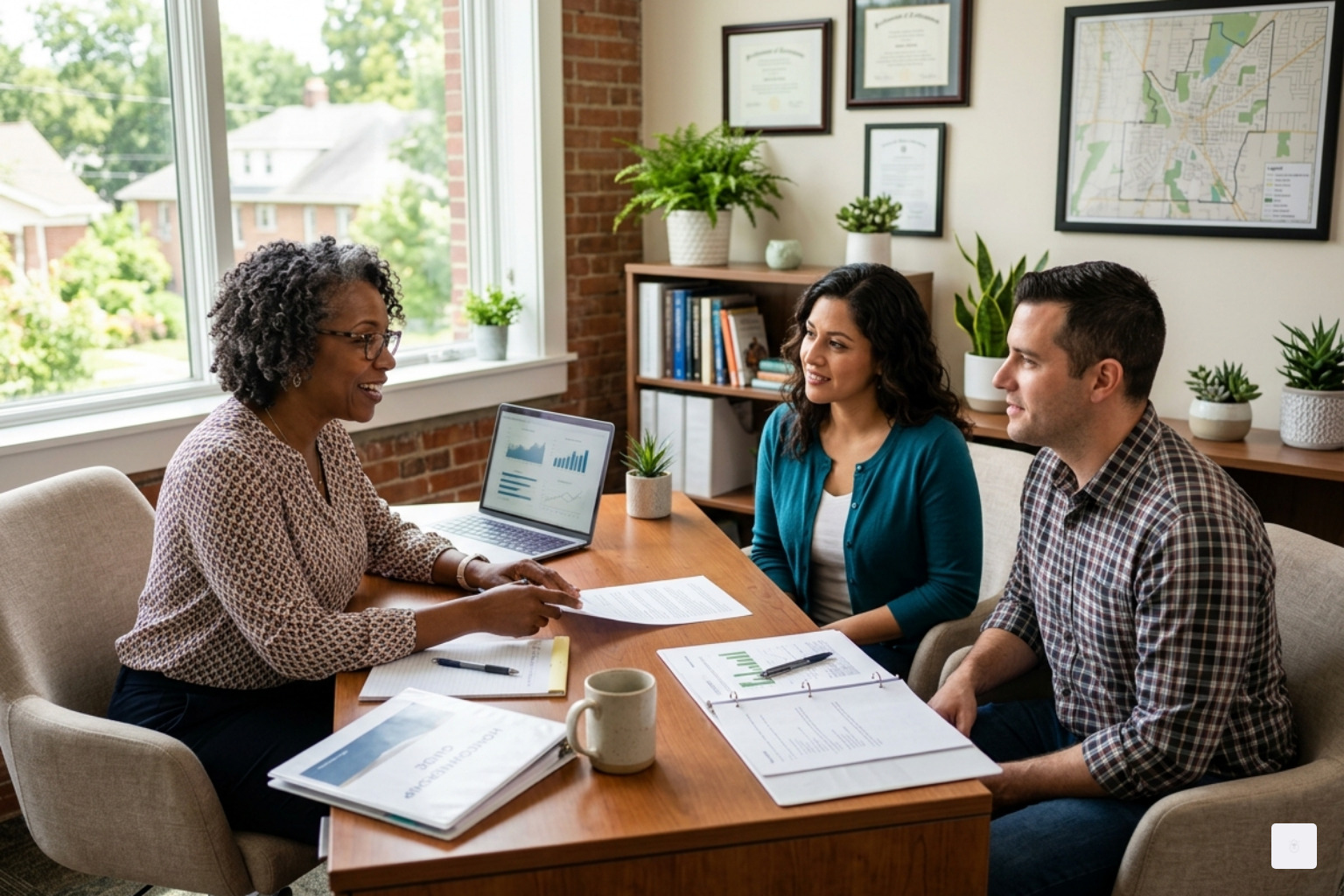 A professional counselor sitting in a bright office discussing homeownership goals with a participant - FSS homebuyer