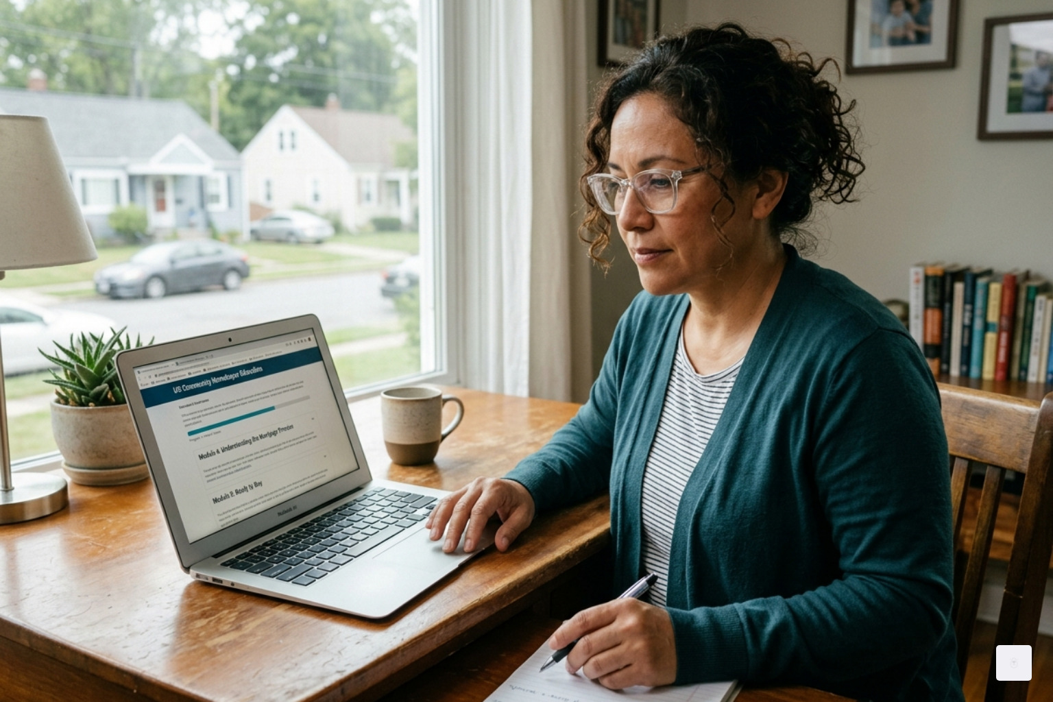 A student sitting at a desk completing an online homebuyer education module on a laptop - FSS homebuyer education classes
