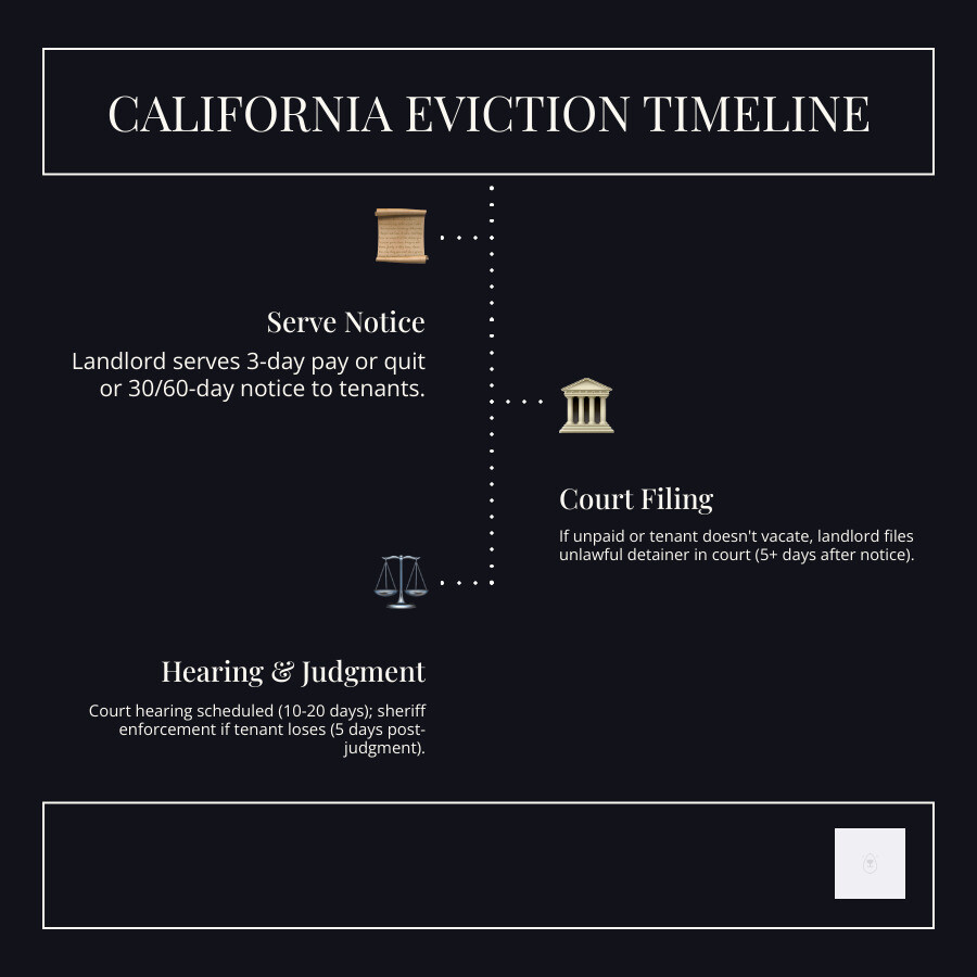 Step-by-step eviction timeline in California showing notice period, court filing, hearing, and judgment stages - help with Step-by-step eviction timeline in California showing notice period, court filing, hearing, and judgment stages - help with