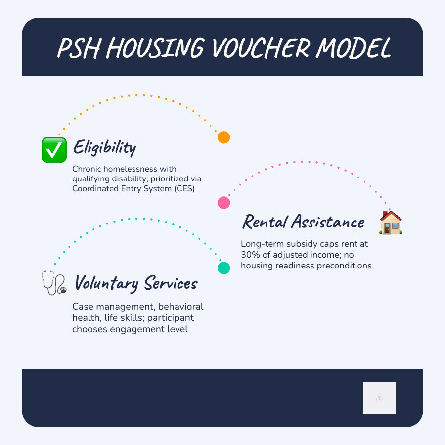Infographic showing PSH housing voucher model: eligibility, rental assistance, voluntary services, and CES referral process
