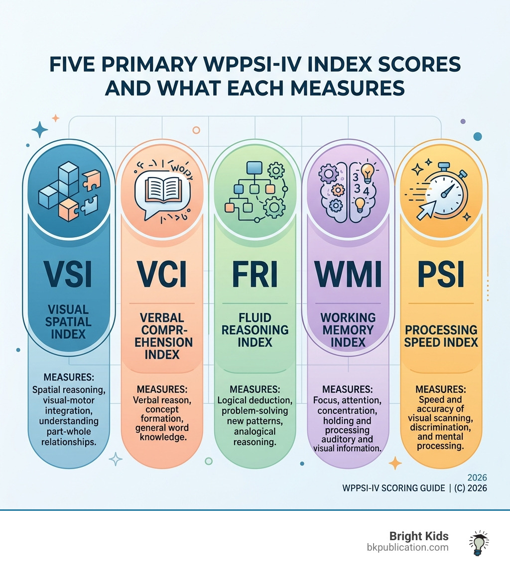 Five primary WPPSI-IV index scores and what each measures: VSI, VCI, FRI, WMI, PSI - wppsi visual spatial prep infographic